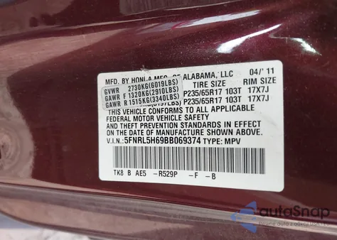 2011 Honda Odyssey Ex-L from USA, damaged, VIN 5FNRL5H69BB069374